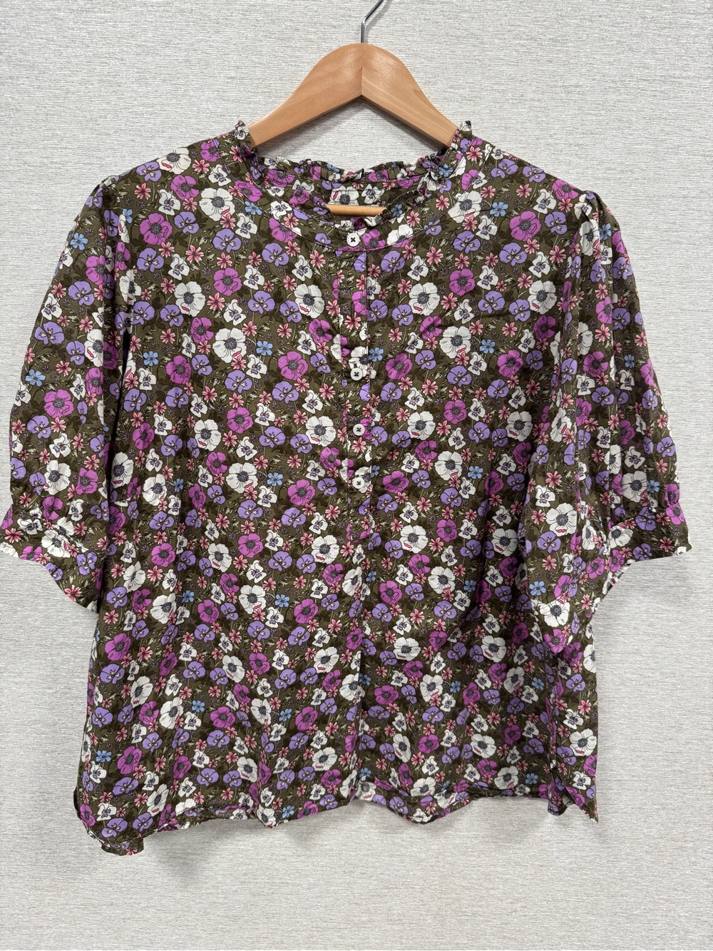 Talbots Olive Floral Button-Front Short Sleeve Blouse - Purple, White